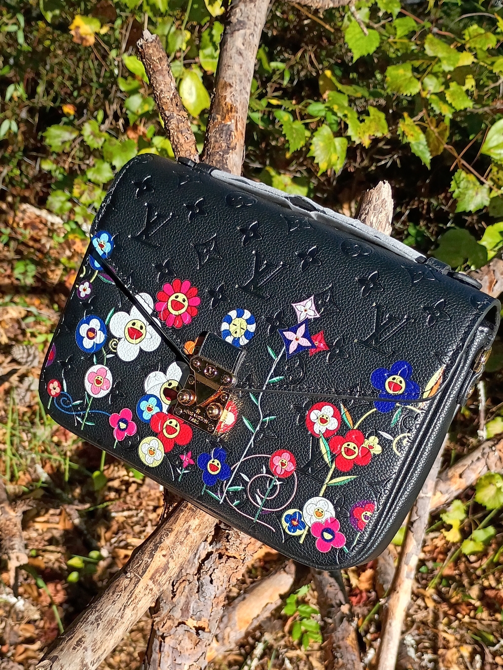 Black Multicolor Floral Embossed Crossbody Bag